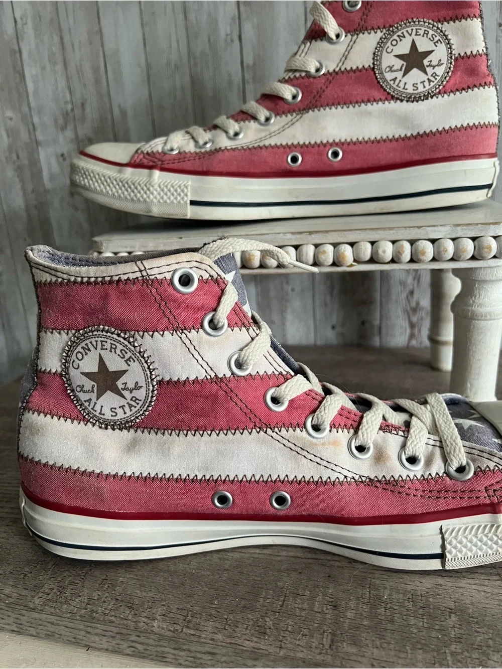 Converse High Top Sneakers Red White Stripes Americana Flag Patriotic Unisex M9